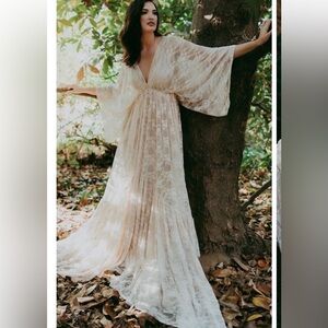 Engagement, Wedding Maternity Elegant Cream Lace Maxi Dress